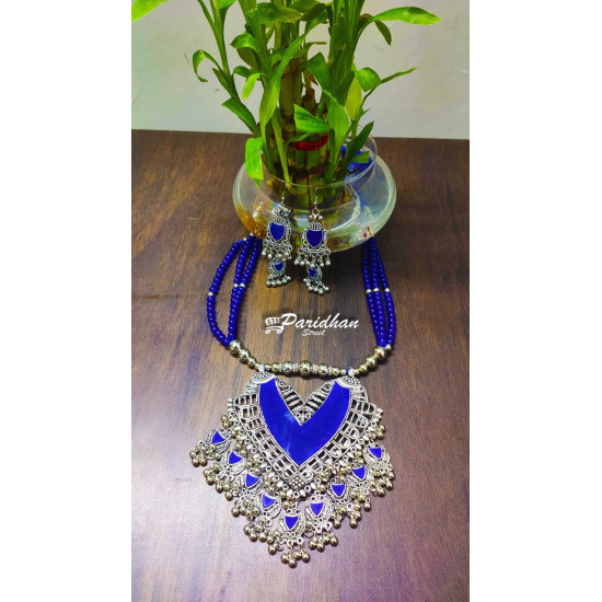 Blue Color Navratri Special Oxidized Jewelry | German Silver Jewelry | Boho Jewelry | Oxidised Long Necklace | Dandiya Jewellery