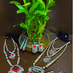 Mother Daughter Necklace Set - Mom Daughter Navratri Jewelry Set Combo -Red  Oxidised Silver Necklace- Oxidised Jewellery For Navratri