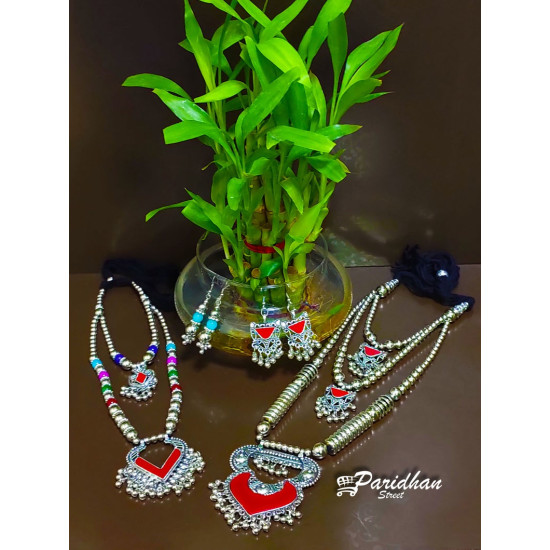 Mother Daughter Necklace Set - Mom Daughter Navratri Jewelry Set Combo -Red  Oxidised Silver Necklace- Oxidised Jewellery For Navratri