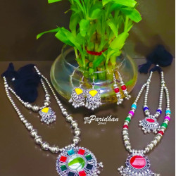 Mother Daughter Necklace Set - Mom Daughter Navratri Jewelry Set Combo -Multicolor Oxidised Silver Necklace- Oxidised Jewellery For Navratri