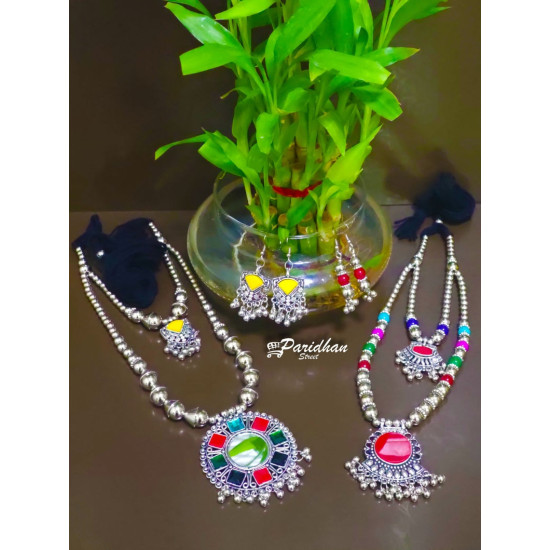 Mother Daughter Necklace Set - Mom Daughter Navratri Jewelry Set Combo -Multicolor Oxidised Silver Necklace- Oxidised Jewellery For Navratri