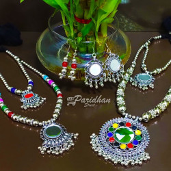 Mother Daughter Necklace Set - Mom Daughter Navratri Jewelry Set Combo -Multicolor Oxidised Silver Necklace- Oxidised Jewellery For Navratri