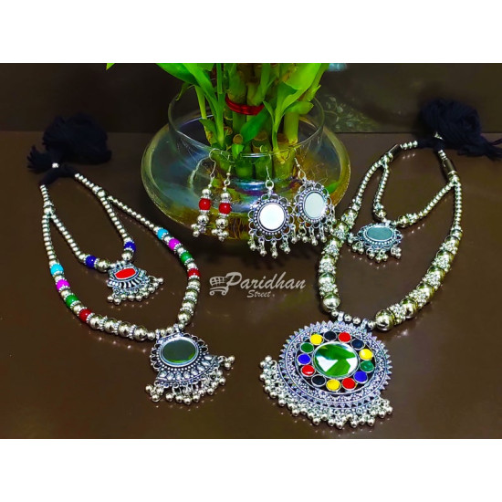 Mother Daughter Necklace Set - Mom Daughter Navratri Jewelry Set Combo -Multicolor Oxidised Silver Necklace- Oxidised Jewellery For Navratri