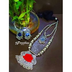 Long Necklaces with Ghungroo Red Silver Oxidised Navratri Set with Earrings -Indian Ethnic Navratri Jewelry Set - Silve Oxidised Jewelry set
