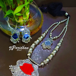 Long Necklaces with Ghungroo Red Silver Oxidised Navratri Set with Earrings -Indian Ethnic Navratri Jewelry Set - Silve Oxidised Jewelry set
