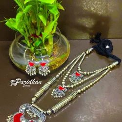 Long Necklaces with Ghungroo 3 layer red color Oxidised Navratri Set with Earrings -Indian Ethnic Navratri Jewelry Set - Silve Oxidised Jewelry set
