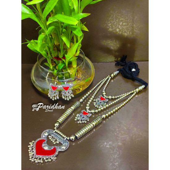 Long Necklaces with Ghungroo Red Color Oxidised Navratri Set with Earrings -Indian Ethnic Navratri Jewelry Set - Silve Oxidised Jewelry set \n