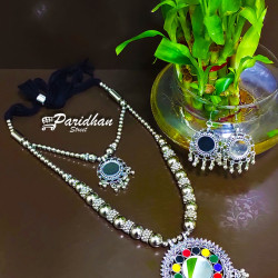 Long Necklaces with Ghungroo Silver Multicolor Oxidised Navratri Set with Earrings -Indian Ethnic Navratri Jewelry Set - Silve Oxidised Jewelry set
