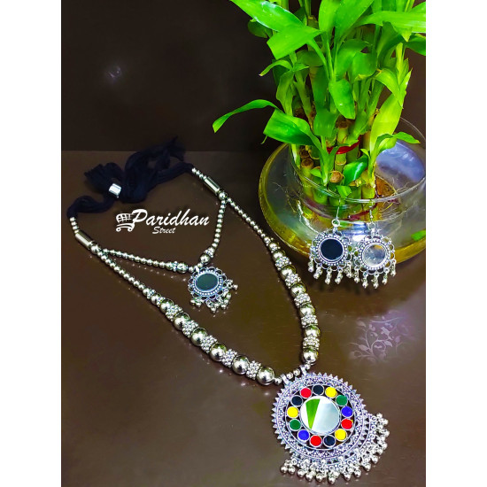 Long Necklaces with Ghungroo Silver Multicolor Oxidised Navratri Set with Earrings -Indian Ethnic Navratri Jewelry Set - Silve Oxidised Jewelry set\n