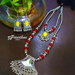 Long Necklaces with Ghungroo Red and Yellow color Oxidised Navratri Set with Earrings -Indian Ethnic Navratri Jewelry Set - Silve Oxidised Jewelry set
