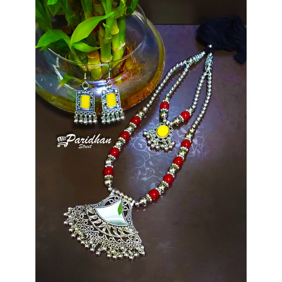 Long Necklaces with Ghungroo Red and Yellow color Oxidised Navratri Set with Earrings -Indian Ethnic Navratri Jewelry Set - Silve Oxidised Jewelry set\n