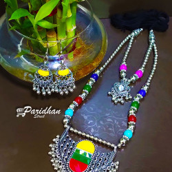 Long Necklaces with Ghungroo Multicolor Oxidised Navratri Set with Earrings -Indian Ethnic Navratri Jewelry Set - Silve Oxidised Jewelry set
