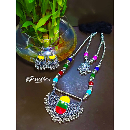 Long Necklaces with Ghungroo Multicolor Oxidised Navratri Set with Earrings -Indian Ethnic Navratri Jewelry Set - Silve Oxidised Jewelry set\n