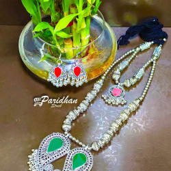 Long Necklaces with Ghungroo Green and Red Oxidised Navratri Set with Earrings -Indian Ethnic Navratri Jewelry Set - Silve Oxidised Jewelry set
