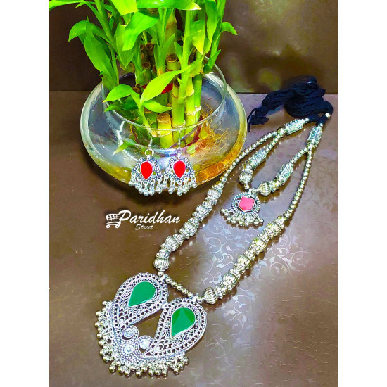 Long Necklaces with Ghungroo Green and Red Oxidised Navratri Set with Earrings -Indian Ethnic Navratri Jewelry Set - Silve Oxidised Jewelry set\n