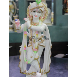 Multicolor Painted Marble Krishna Statue-Lord Krishna Marble Sculpture-Beautiful Krishna Murti For Home Temple, Office-White Krishna Statue