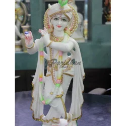 Multicolor Painted Marble Krishna Statue-Lord Krishna Marble Sculpture-Beautiful Krishna Murti For Home Temple, Office-White Krishna Statue