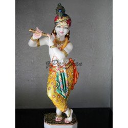 Multicolor Painted Marble Krishna Statue-Lord Krishna Marble Sculpture-Beautiful Krishna Murti For Home Temple, Office-White Krishna Statue Multicolor Painted Marble Krishna Statue-Lord Krishna Marble Sculpture-Beautiful Krishna Murti For Home Temple, Office-White Krishna Statue