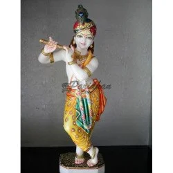Multicolor Painted Marble Krishna Statue-Lord Krishna Marble Sculpture-Beautiful Krishna Murti For Home Temple, Office-White Krishna Statue