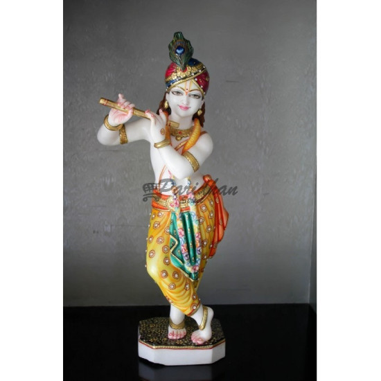 Multicolor Painted Marble Krishna Statue-Lord Krishna Marble Sculpture-Beautiful Krishna Murti For Home Temple, Office-White Krishna Statue