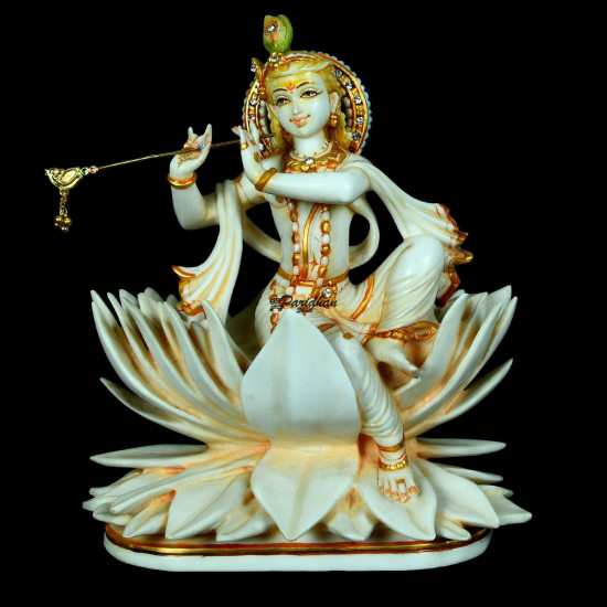 Multicolor Painted Marble Krishna Statue-Lord Krishna Marble Sculpture-Beautiful Krishna Murti For Home Temple, Office-White Krishna Statue