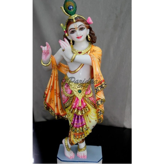 Multicolor Painted Marble Krishna Statue-Lord Krishna Marble Sculpture-Beautiful Krishna Murti For Home Temple, Office-White Krishna Statue