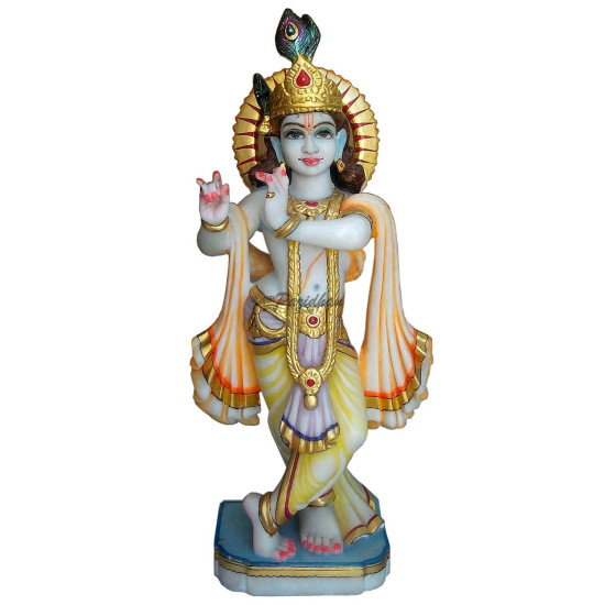 Multicolor Painted Marble Krishna Statue-Lord Krishna Marble Sculpture-Beautiful Krishna Murti For Home Temple, Office-White Krishna Statue