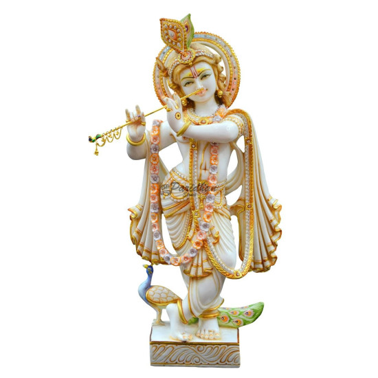 Multicolor Painted Marble Krishna Statue-Lord Krishna Marble Sculpture-Beautiful Krishna Murti For Home Temple, Office-White Krishna Statue