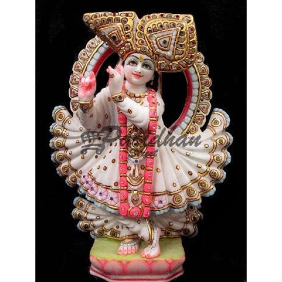 Multicolor Painted Marble Krishna Statue-Lord Krishna Marble Sculpture-Beautiful Krishna Murti For Home Temple, Office-White Krishna Statue