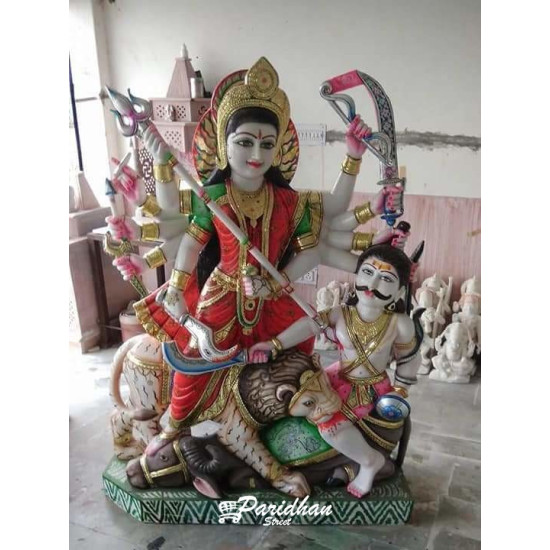 Durga Ma Idol For Home-White Painted Marble Bengali Durga-Marble Durga Maa Murti-Durga Ma Idol-Ambe Maa Statue-Durga Sculpture-Shakti Statue