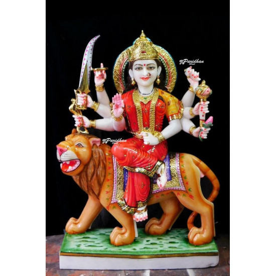 Durga Ma Idol For Home-White Painted Marble Bengali Durga-Marble Durga Maa Murti-Durga Ma Idol-Ambe Maa Statue-Durga Sculpture-Shakti Statue