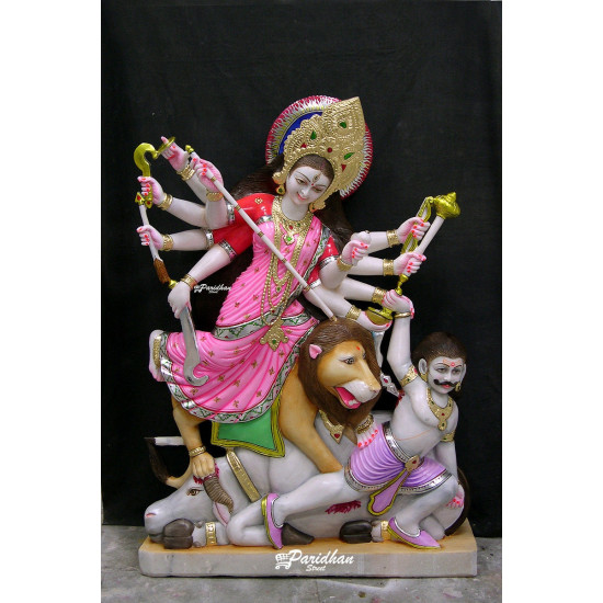 Durga Ma Idol For Home-White Painted Marble Bengali Durga-Marble Durga Maa Murti-Durga Ma Idol-Ambe Maa Statue-Durga Sculpture-Shakti Statue