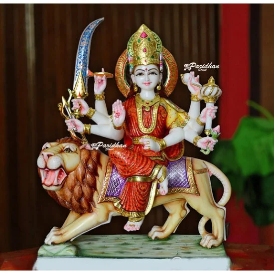 Durga Ma Idol For Home-White Painted Marble Bengali Durga-Marble Durga Maa Murti-Durga Ma Idol-Ambe Maa Statue-Durga Sculpture-Shakti Statue Durga Ma Idol For Home-White Painted Marble Bengali Durga-Marble Durga Maa Murti-Durga Ma Idol-Ambe Maa Statue-Durga Sculpture-Shakti Statue