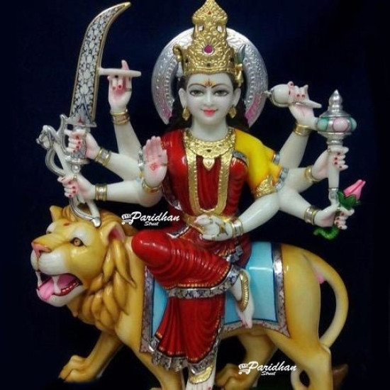 Durga Ma Idol For Home-White Painted Marble Bengali Durga-Marble Durga Maa Murti-Durga Ma Idol-Ambe Maa Statue-mahishasura mardini marble