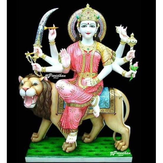 Mahishasura Mardini-Durga Ma Idol For Temple-White Painted Marble Bengali Durga-Marble Durga Maa Murti-Durga Ma Idol-Ambe Maa Statue