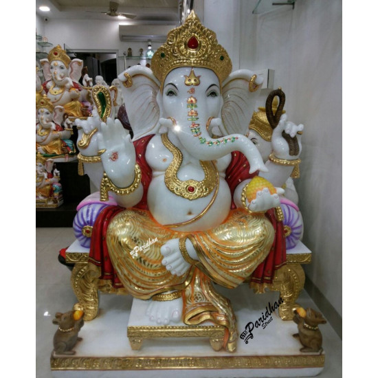 Marble Ganesh Statue For Home Mandir/Temple/Office-ganesh idols For Home-Golden Dhoti Ganesha-Ganpati Murti Sculptures-Lord ganesha Statue