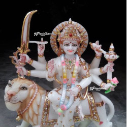 Durga Ma Idol For Home-Shakti Statue-White Painted Marble Bengali Durga-Marble Durga Maa Murti-Durga Ma Idol-Ambe Maa Statue-Durga Sculpture