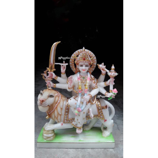 Durga Ma Idol For Home-White Painted Marble Bengali Durga-Marble Durga Maa Murti-Durga Ma Idol-Ambe Maa Statue-Durga Sculpture-Shakti Statue