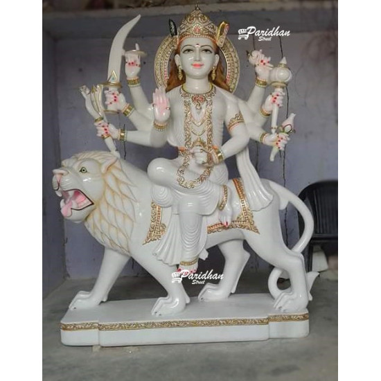 Durga Ma Idol For Home-White Painted Marble Bengali Durga-Marble Durga Maa Murti-Durga Ma Idol-Ambe Maa Statue-Durga Sculpture-Shakti Statue