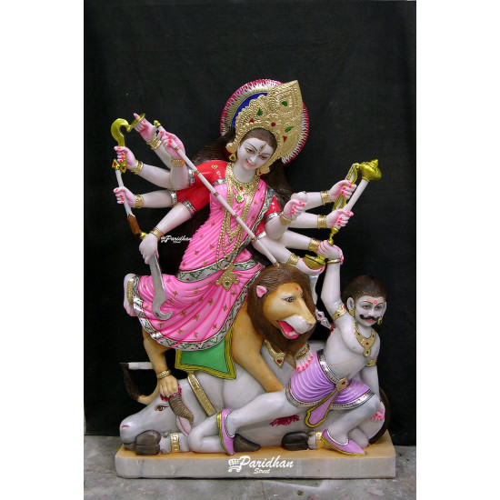 Durga Ma Mahishasura mardini Idol Home Temple -White Painted Marble Bengali Durga-Durga Maa Murti-Durga Ma-Ambe Maa-Durga Sculpture