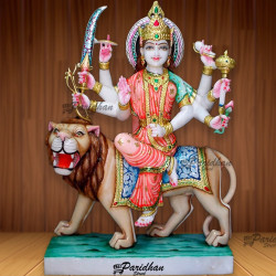 White Red Durga Ma Idol For Home-White Painted Makrana Marble Bengali Durga-Marble Durga Ma Idol-Ambe Maa Statue-Durga Shakti Statue