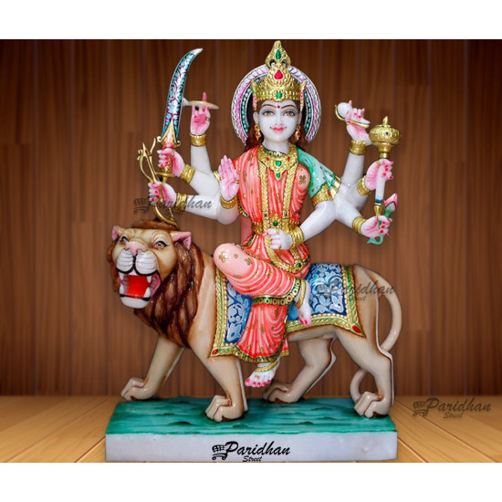 White Red Durga Ma Idol For Home-White Painted Makrana Marble Bengali Durga-Marble Durga Ma Idol-Ambe Maa Statue-Durga Shakti Statue