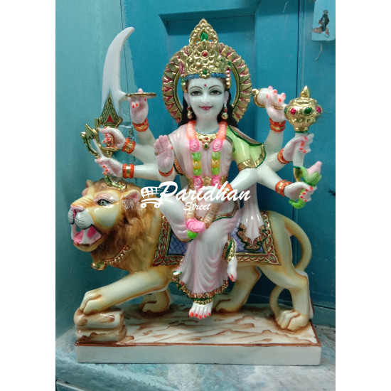 Durga Ma Idol For Home-White Painted Marble Bengali Durga-Marble Durga Maa Mahishasura mardini Murti-Durga Ma Idol-Durga Sculpture