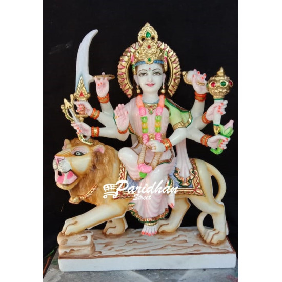 Durga Ma Idol For Home-White Painted Marble Bengali Durga-Marble Durga Maa Mahishasura mardini Murti-Durga Ma Idol-Durga Sculpture