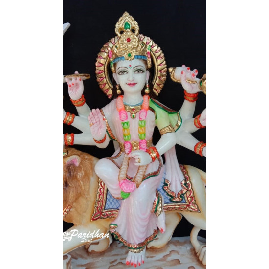 Durga Ma Idol For Home-White Painted Marble Bengali Durga-Marble Durga Maa Mahishasura mardini Murti-Durga Ma Idol-Durga Sculpture