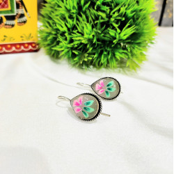 Hand Painted Pan Silver Oxidised Hook Earrings - Officer Wear Earrings-Daily Wear Earrings 