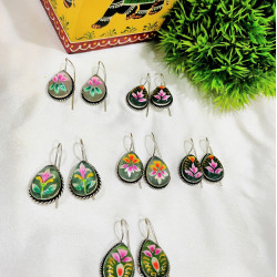 Hand Painted Pan Silver Oxidised Hook Earrings - Officer Wear Earrings-Daily Wear Earrings 