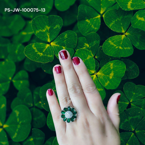 Dark Green Stone Flower Ring with Diamond Focal Point - Nature's Elegance