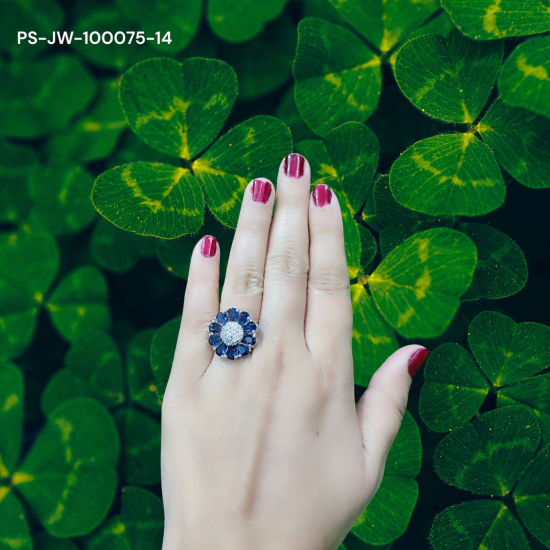 Dark Blue Stone Flower Ring with Diamond Focal Point - Timeless Elegance