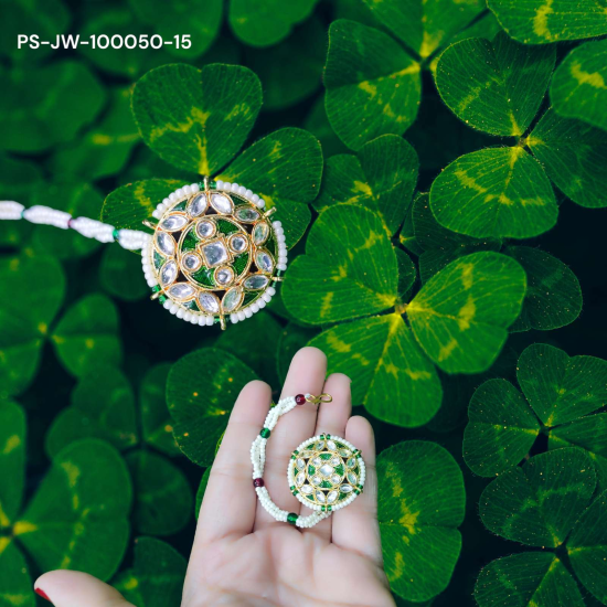 Green and White Stone Headpiece with White Beads - Timeless Beauty | Maangtikka